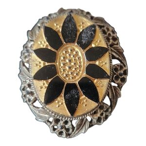 Vintage Gold and Black Floral Brooch Pendant Victorian Revival
